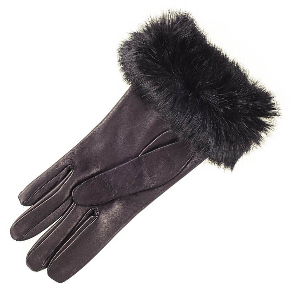 Ladies' Black Leather Gloves with Rabbit Fur Cuff - Image 3