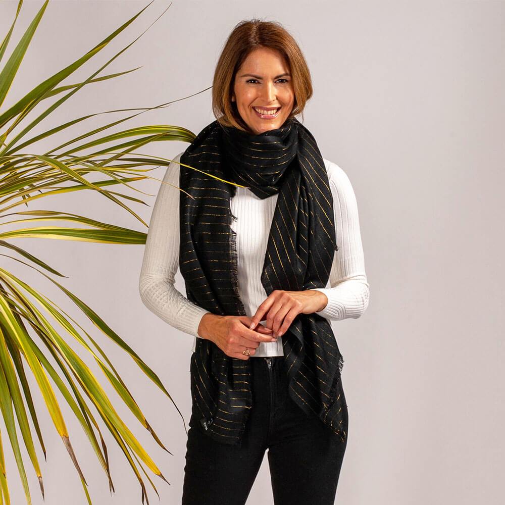 Black Cashmere Ring Shawl with White Stripe - Image 3