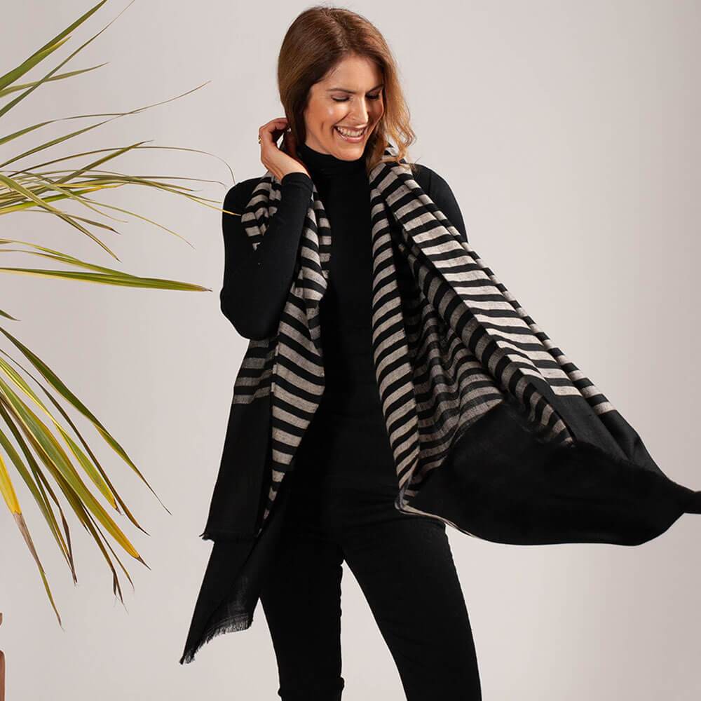 Black and Ivory Striped Cashmere Shawl - Image 3