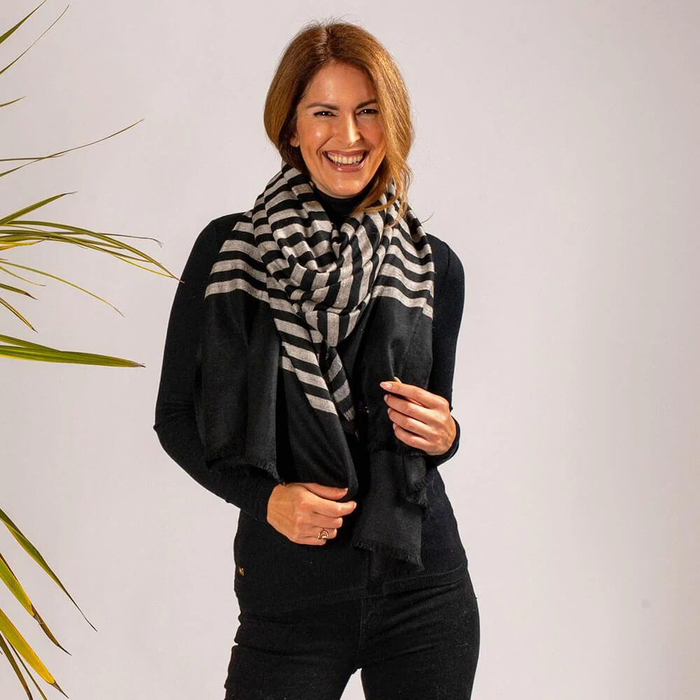 Black and Ivory Striped Cashmere Shawl - Image 4