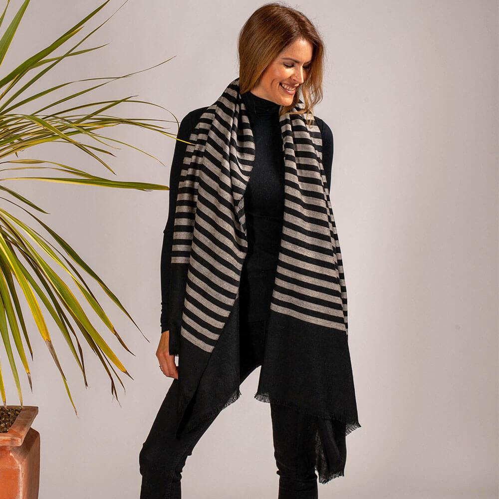 Black and Ivory Striped Cashmere Shawl - Image 5