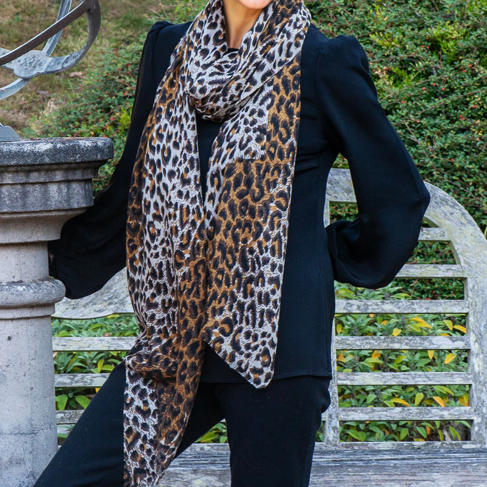Brown Leopard Print Cashmere and Silk Scarf - Image 6