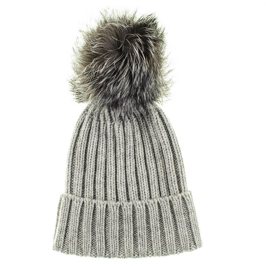 Grey Cashmere Fur Pom Pom Hat - Image 3