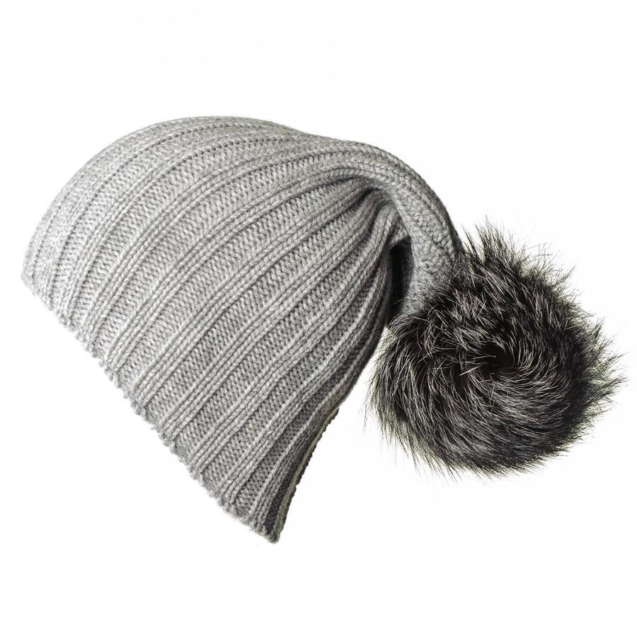 Grey Cashmere Fur Pom Pom Hat - Image 4