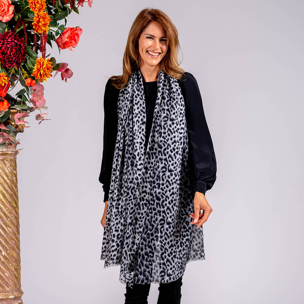 Black Leopard Print Cashmere and Silk Scarf - Image 6
