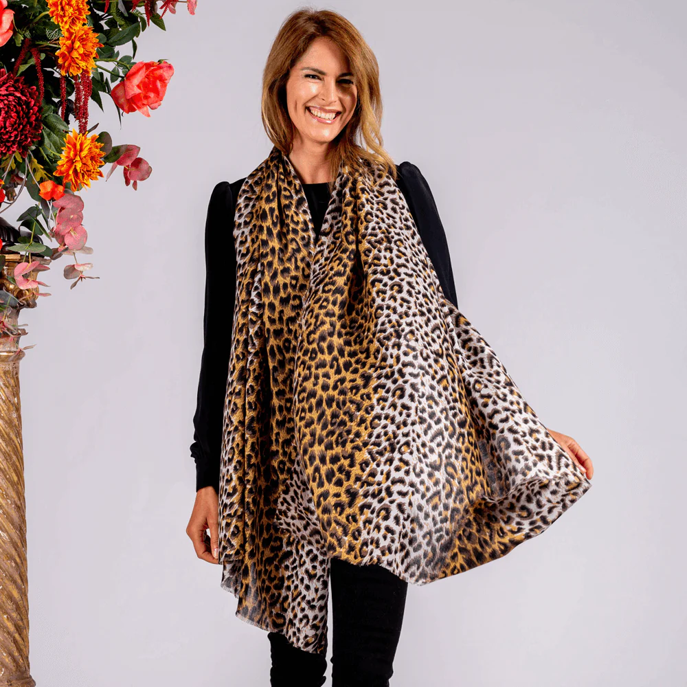 Brown Leopard Print Cashmere and Silk Scarf - Image 3