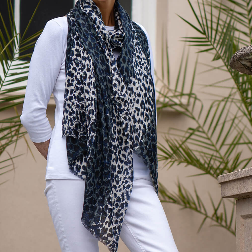 Midnight Navy Leopard Print Cashmere and Silk Scarf - Image 3