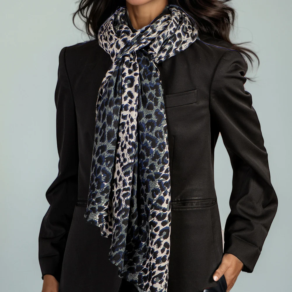 Midnight Navy Leopard Print Cashmere and Silk Scarf - Image 4