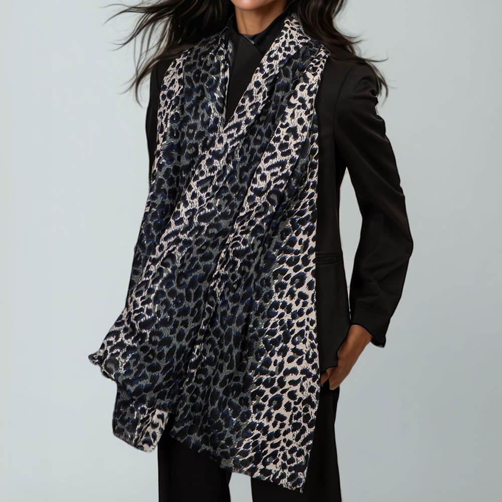 Midnight Navy Leopard Print Cashmere and Silk Scarf - Image 6