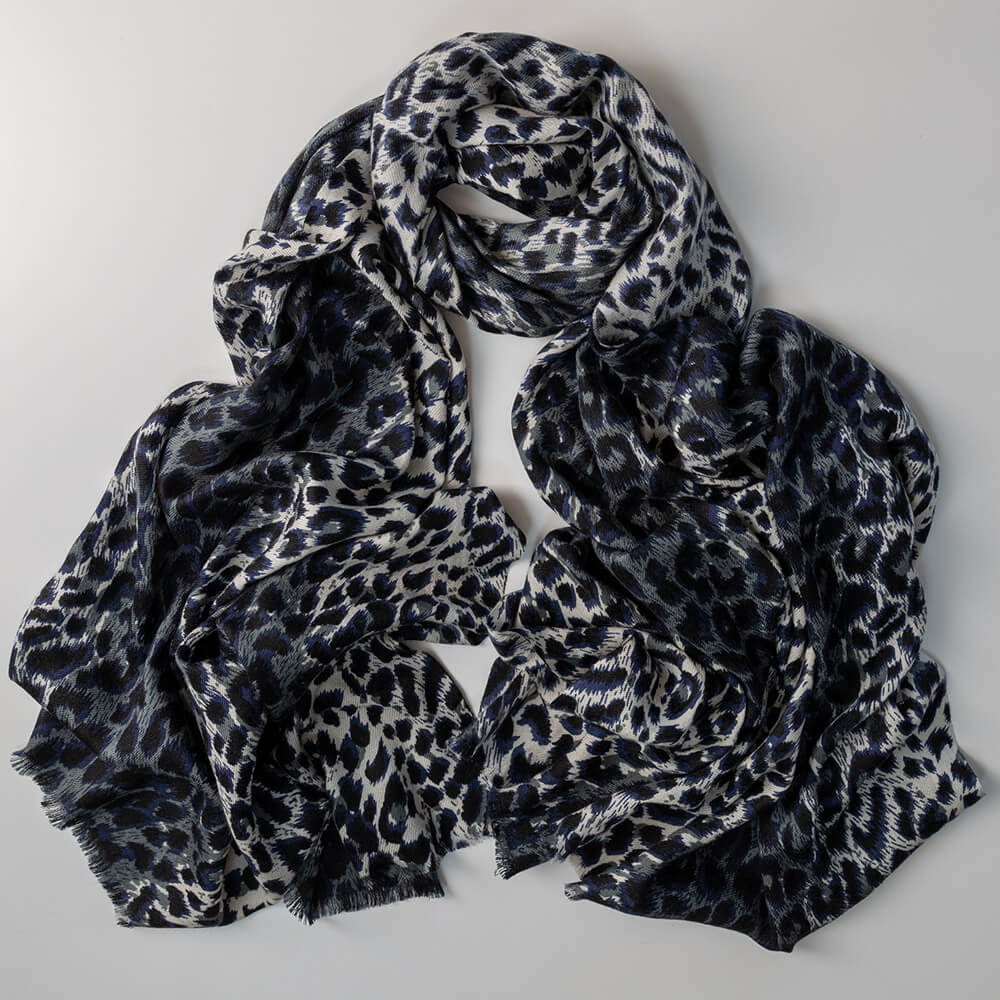 Midnight Navy Leopard Print Cashmere and Silk Scarf - Image 7