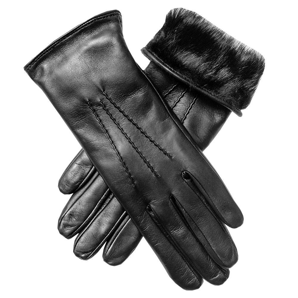 Ladies' Black Rabbit Fur Lined Leather Gloves - Image 3