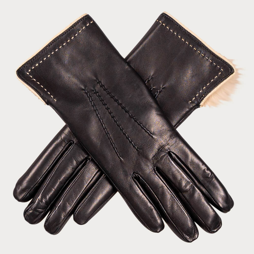 Black and Cappuccino Rabbit Fur Lined Leather Gloves - Image 3