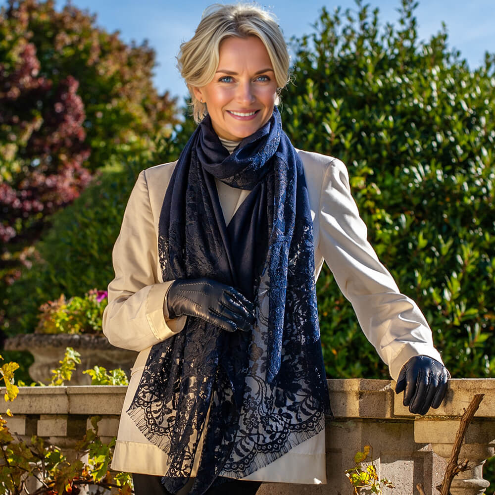 Navy Cashmere and Chantilly Lace Shawl - Image 3
