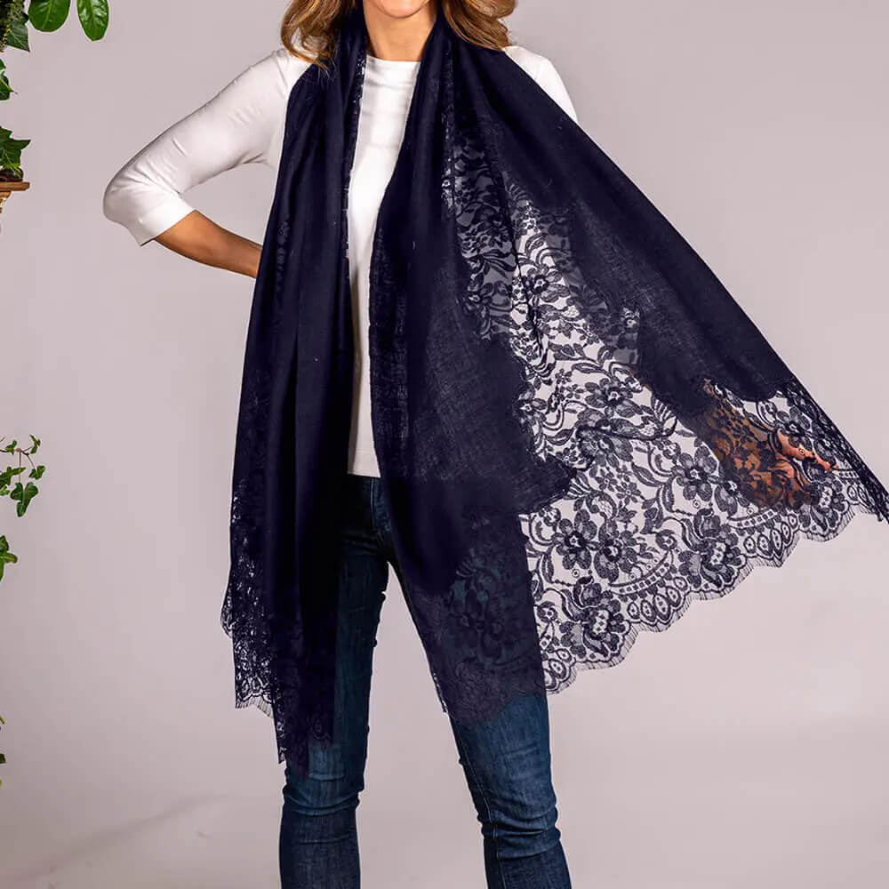 Navy Cashmere and Chantilly Lace Shawl - Image 5