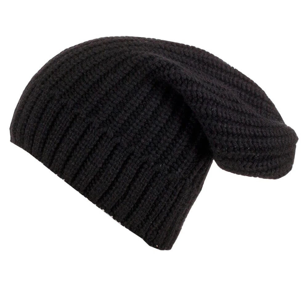 Ribbed Black Cashmere Slouch Beanie Hat - Image 3