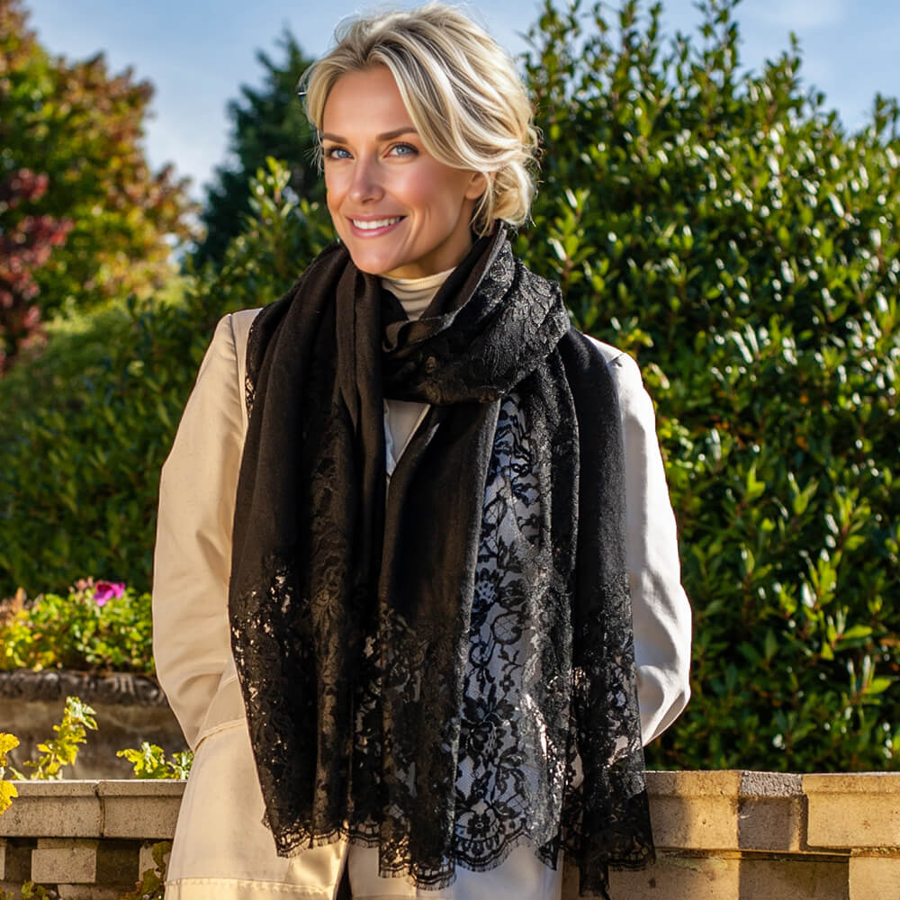 Black Cashmere and Chantilly Lace Shawl - Image 4