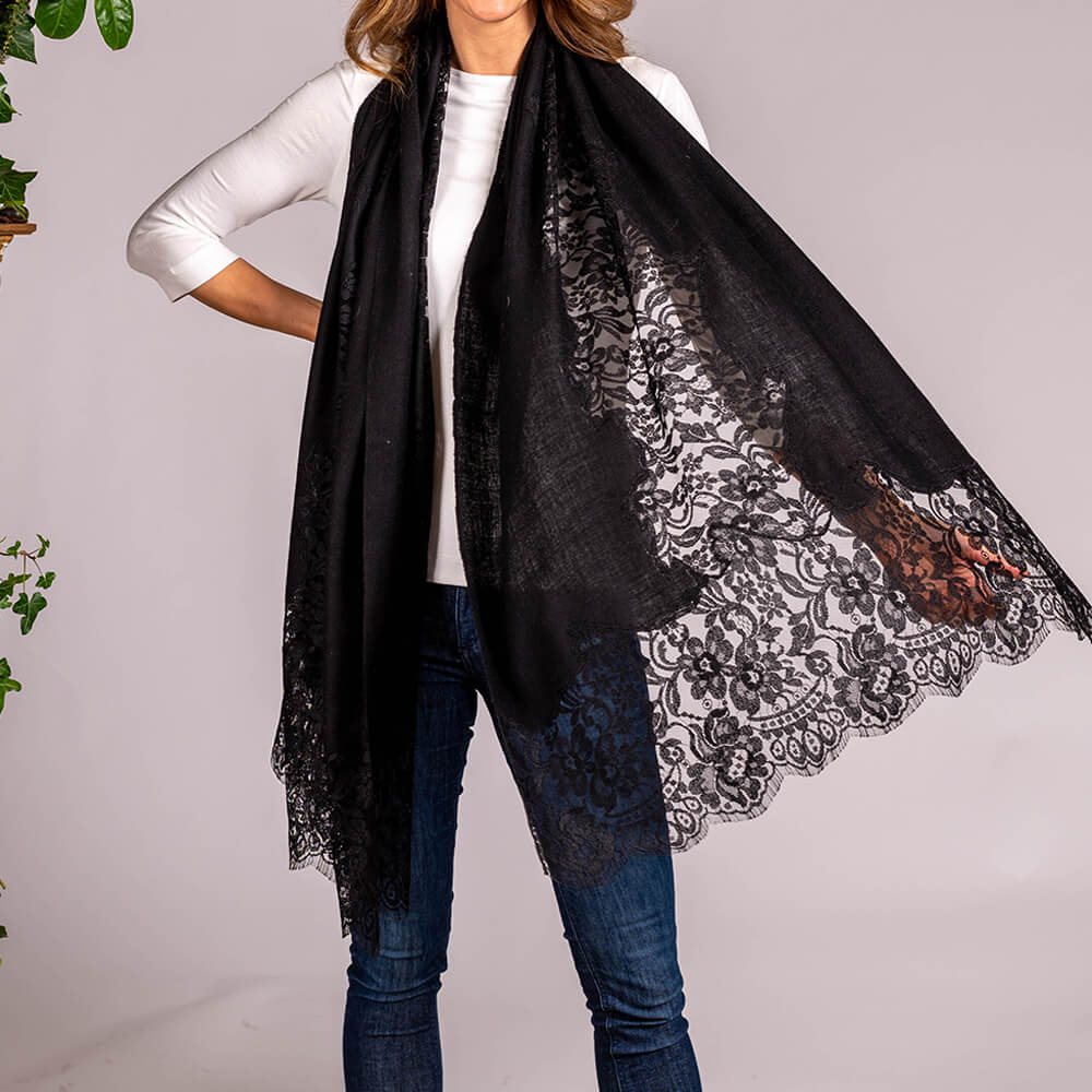 Black Cashmere and Chantilly Lace Shawl - Image 5