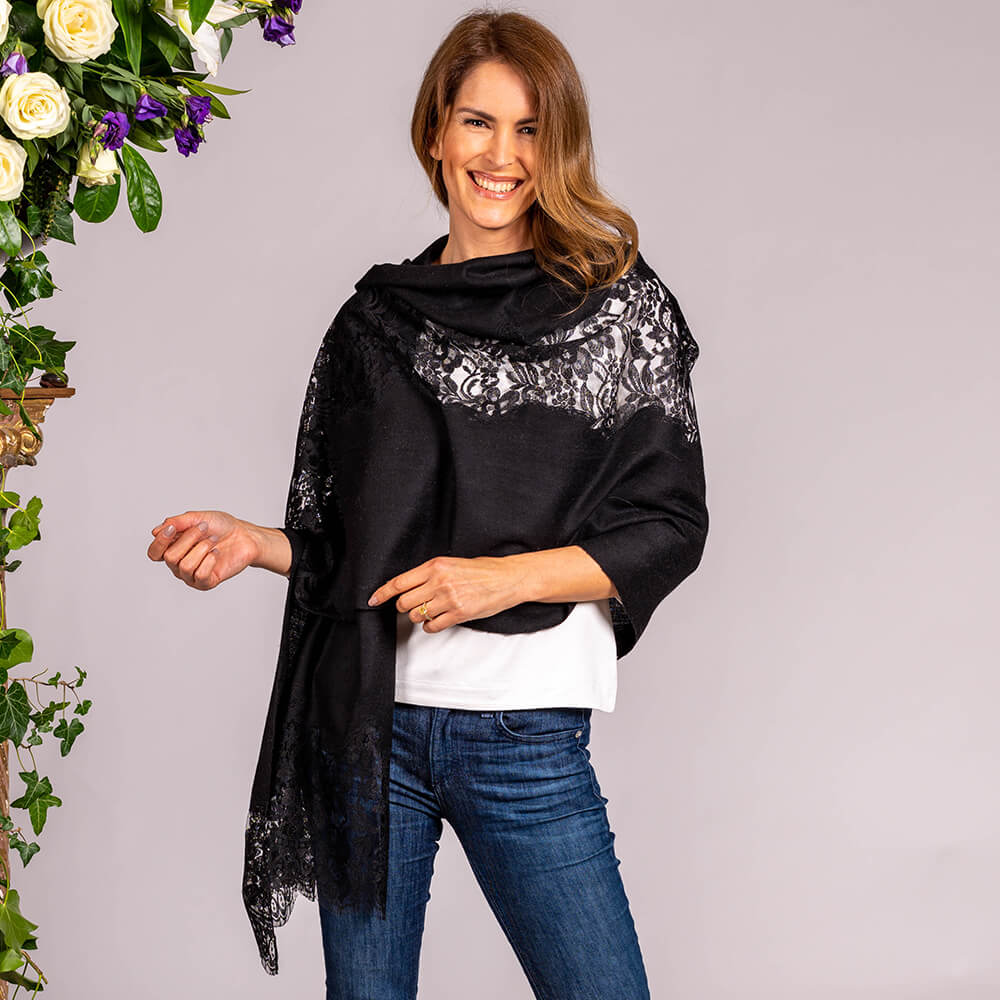 Black Cashmere and Chantilly Lace Shawl - Image 6