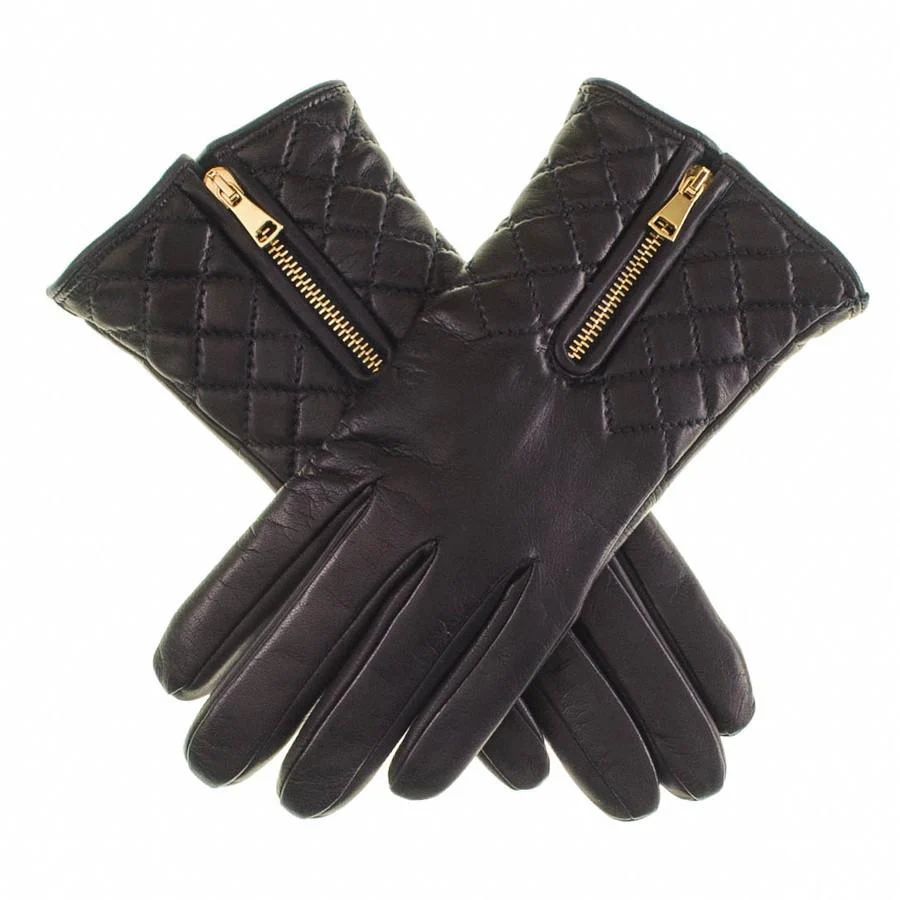Black Leather Quilted Gloves with Cashmere Lining - Image 3